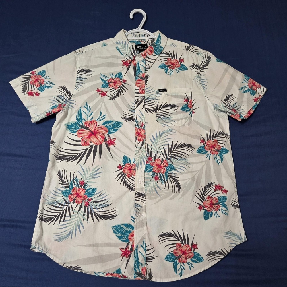 Matix Shirt Mens Large White 100% Cotton Hawaiian Floral Short Sleeve Button Up